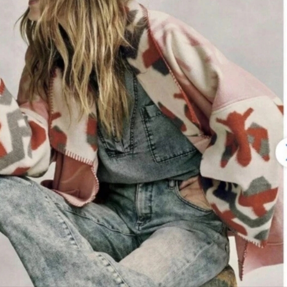 Anthropologie Heidi Kimono Jacket Soft Wool Front Patch Pockets Pink Ivory Motif - Picture 4 of 16